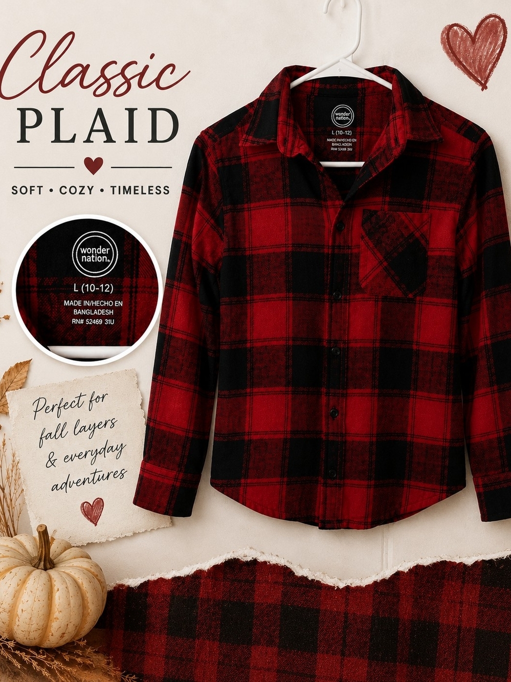 Wonder Nation Kids' Red and Black Plaid Button-Up Shirt Size 10/12 Unisex